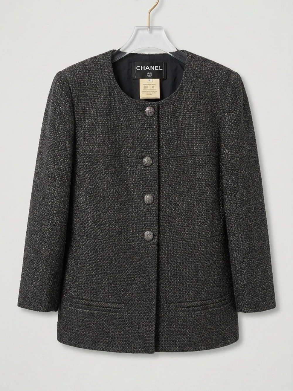 CHANEL Dark Charcoal Tweed Collarless Blazer -Classic textured